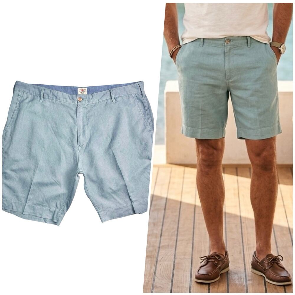 Faherty | Men | Malibu Teal Linen Cotton Blend Flat Front Chino Shorts | Size 40